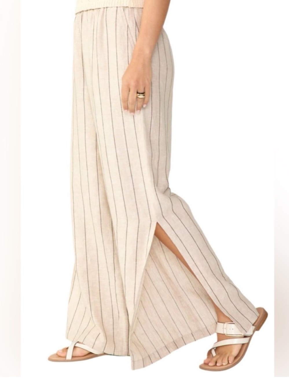 Sanctuary Beige Pinstripe Linen-Blend Drawstring Pants